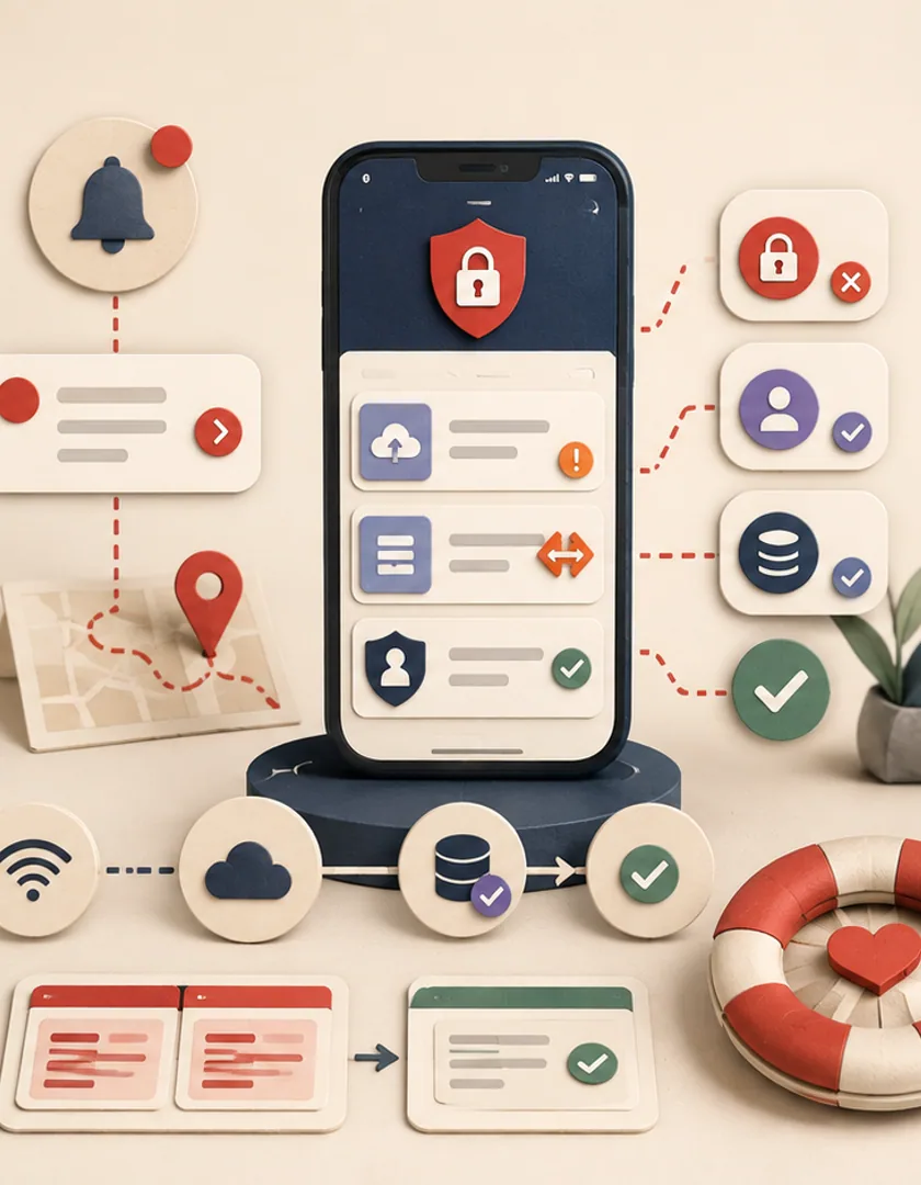 Reconnect, expired sessions, notification links, conflicts, and duplicate prevention handled visibly.