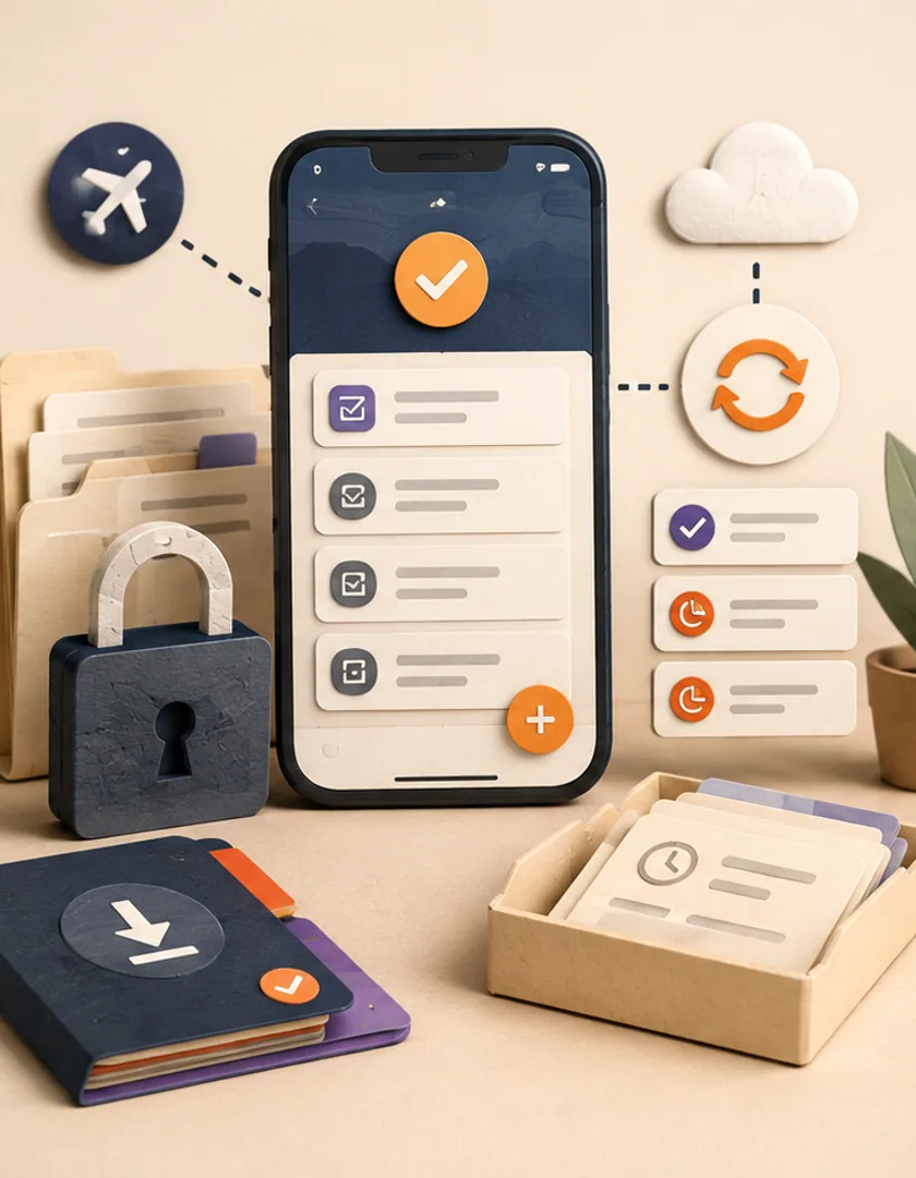 An authenticated task stored offline with visible local status and queued changes.