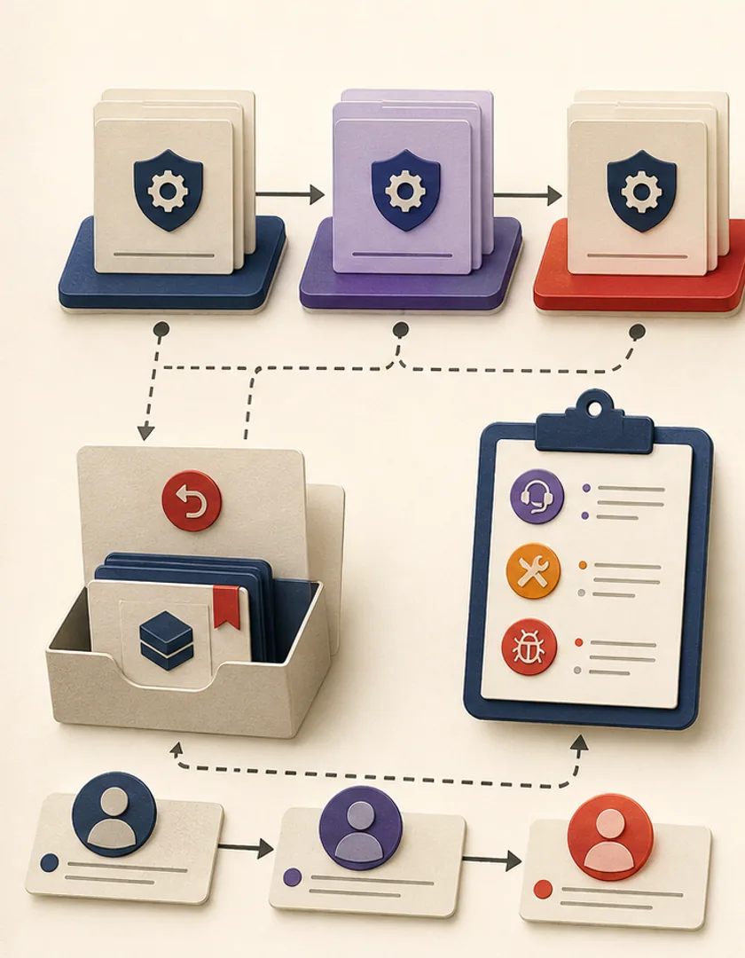 A controlled deployment and rollback handoff separating environments and naming operational responsibilities.