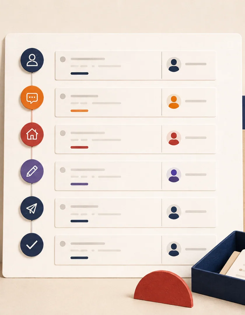 A request moving through assignment, missing information, visit, estimate preparation, delivery, and closure.