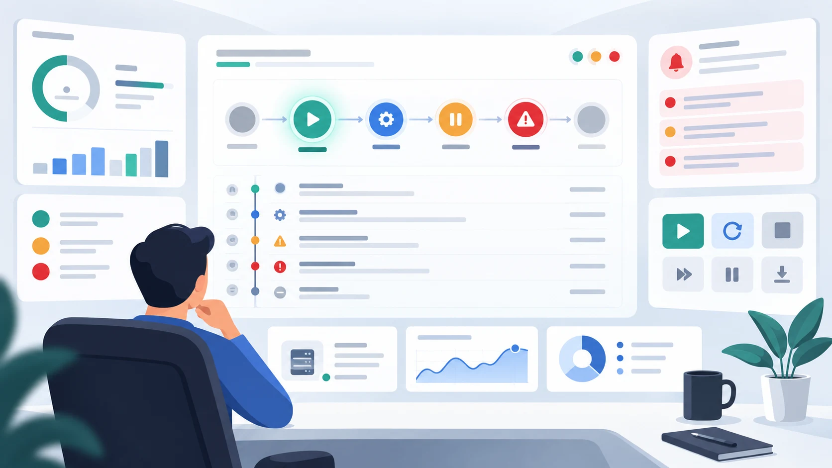 Illustration of an operator reviewing runtime state, events, alerts, and next actions