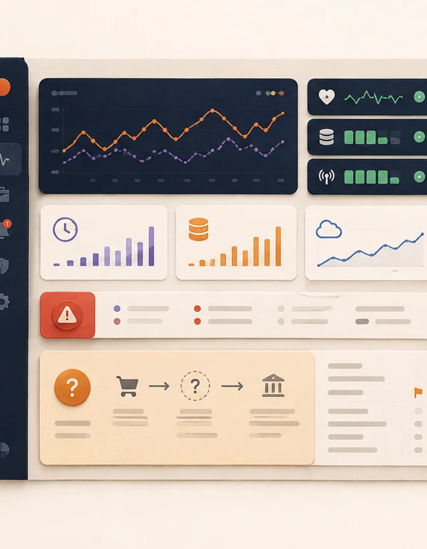 Runtime health, data freshness, order progress, and an uncertain request presented in one operational view.