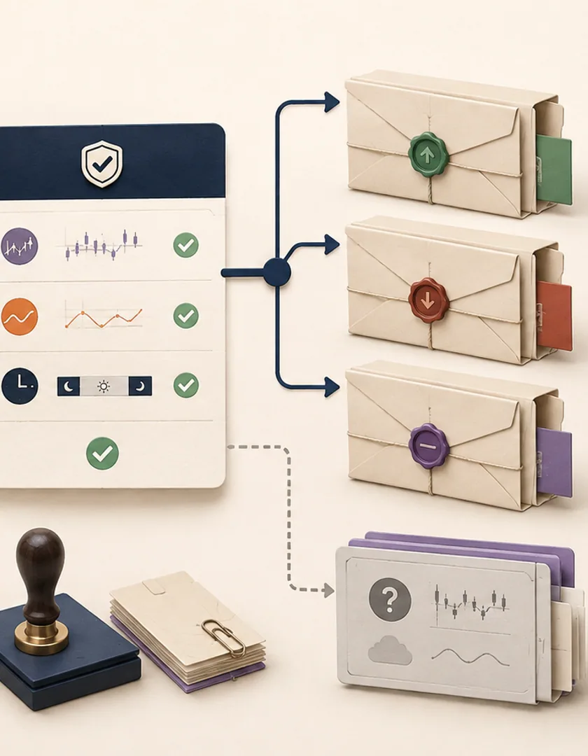 Validated strategy decisions entering guarded order requests while execution outcomes remain separate.