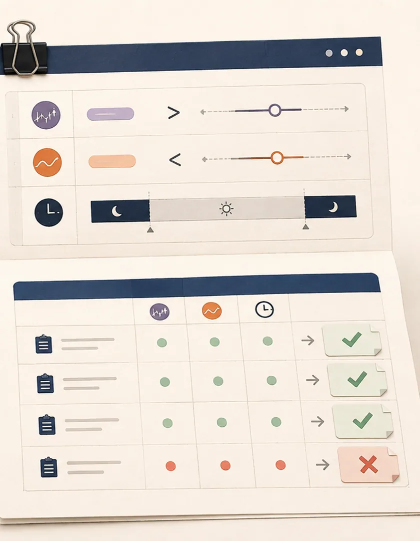 A strategy rule organized into inputs, thresholds, session context, and pass-or-fail test cases.