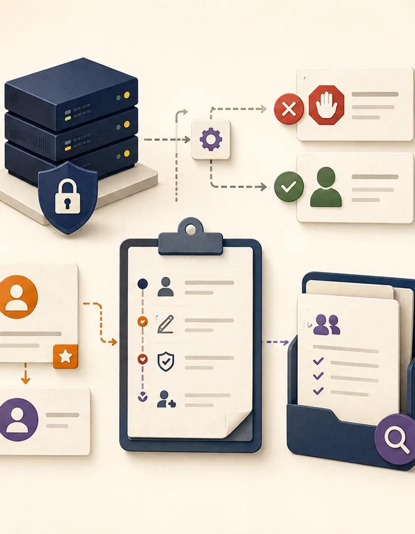 Server authorization, denied actions, delegation, and role changes preserving accountable evidence.