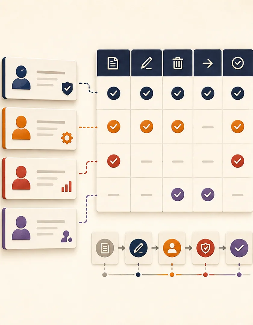 Actors and permitted actions organized in a matrix around real application records and states.