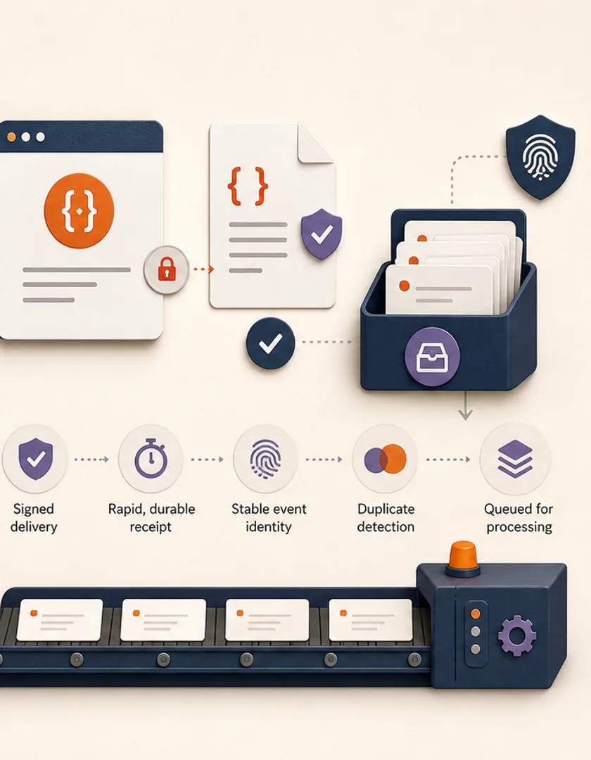 A signed event entering durable storage before queued processing and duplicate detection.