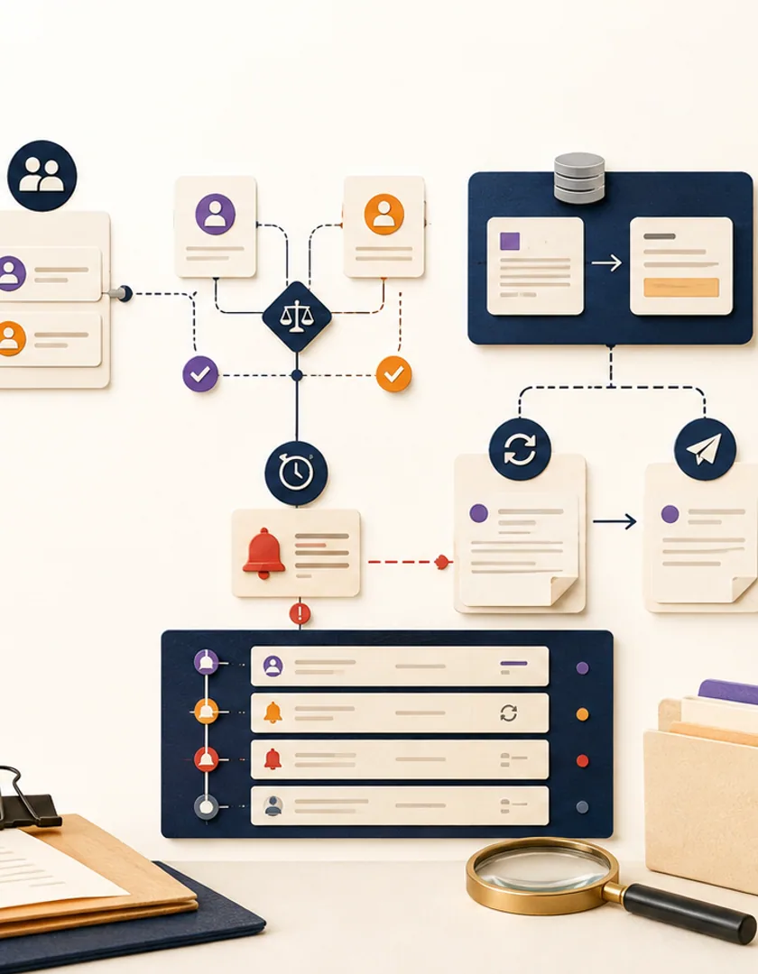 Concurrent decisions, delegation, deadlines, and changed records handled through explicit exception states.