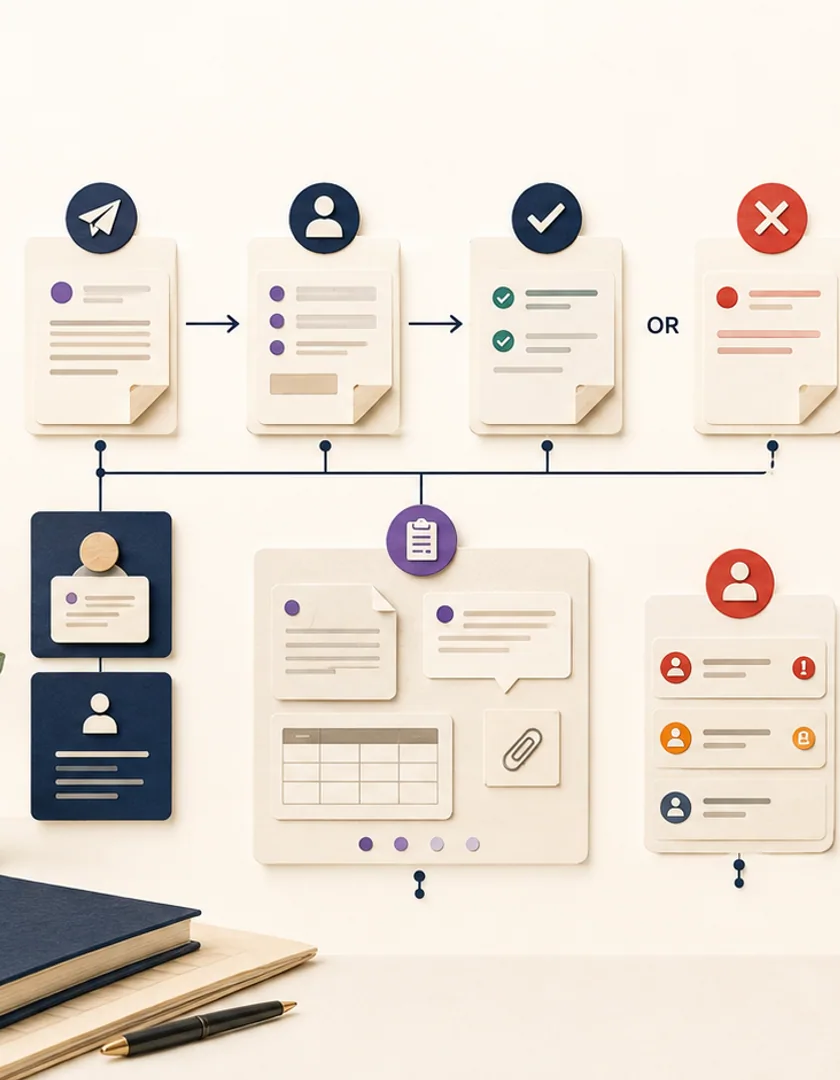 A request version carrying evidence through submission, review, approval, rejection, and resubmission states.