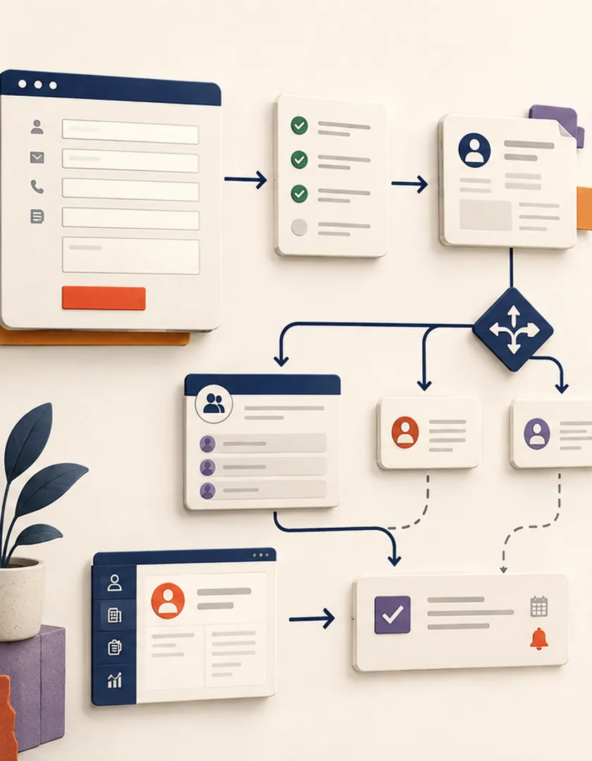 A website form becoming a validated business record, CRM assignment, and accountable follow-up task.
